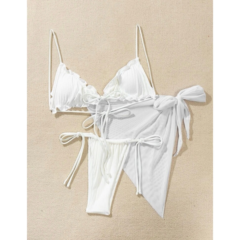 White Ribbed Bikini Swimsuit & Sheer Mesh Sarong Cover Up Set XL